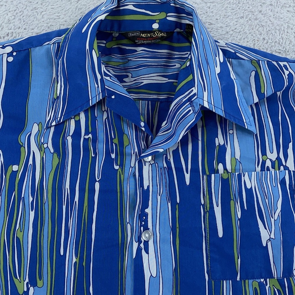 Vintage 70s Sears Drip‎ Pattern Shirt Mens Medium/Large Blue Green Perma Prest
